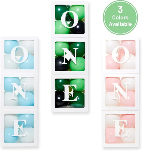 Vista 4 de Cajas de Globos de Primer Cumpleaños 'ONE' para 1 Año CON 24 Globos - Decoraciones de Primer Cumpleaños para Bebé Bloques de Cubo Transparente