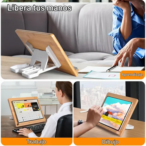 Vista 3 de wishacc Soporte de bambú para tablet de escritorio, soporte grande de madera de 11 x 8.2 pulgadas con ángulos ajustables, soporte de madera grueso