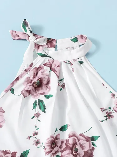 Vista 3 de WDIRARA Conjunto de 2 piezas para niña con estampado floral cuello halter y pantalones cortos
