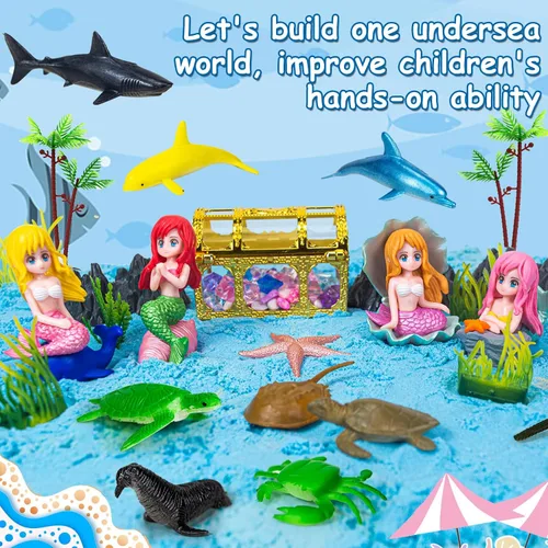 Vista 3 de Contenedor sensorial, 57 unidades de contenedores sensoriales de sirena oceánica para niños pequeños, kit de arte de arena, moldes de animales