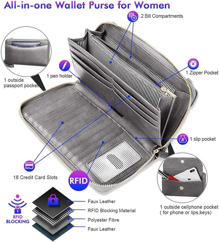 Vista 2 de nuoku Cartera RFID para mujer, bolso cruzado con cremallera alrededor de 2 correas