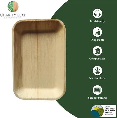 Vista 3 de Charity Leaf Paquete de 1000 bandejas de hoja de palma de 9 x 6 pulgadas Platos ecológicos y compostables estilo bambú para eventos y bodas