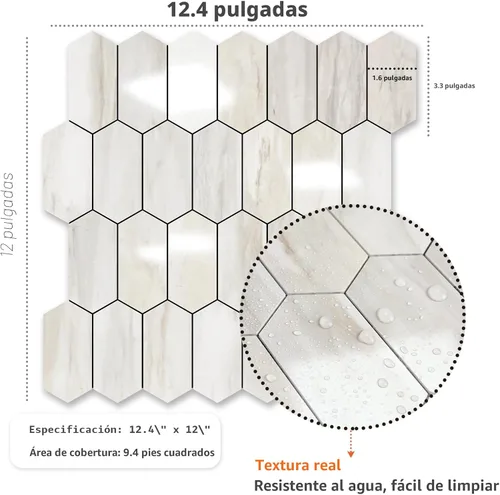 Vista 3 de Vamos Tile - Azulejo de salpicaduras de pelar y pegar hexagonal largo para cocina y baño - 1 hoja de adhesivo para salpicaduras en la pared de 12.4