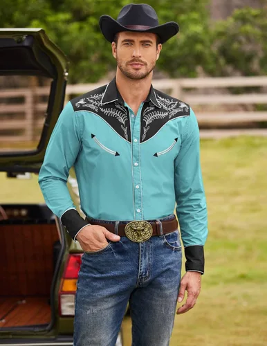 Vista 3 de COOFANDY Camisa vaquera occidental bordada con botones y manga larga para hombre