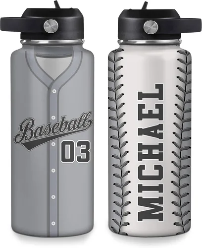 Vista 18 de Hyturtle Botella de agua de béisbol personalizada, botella de acero inoxidable aislada de viaje con tapa a prueba de fugas, 18 onzas, 32 onzas
