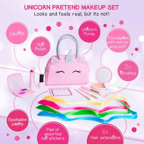 Vista 3 de Kit de maquillaje de simulación para niñas pequeñas con bolso de unicornio: juego de juguetes de maquillaje falso (no real) para niños pequeños