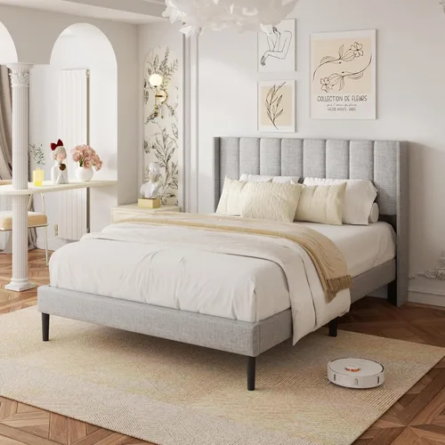 Vista 3 de HAOARA - Base de cama tamaño Queen con cabecera acolchada tapizada en terciopelo y diseño acanalado vertical y respaldo en forma de ala, base