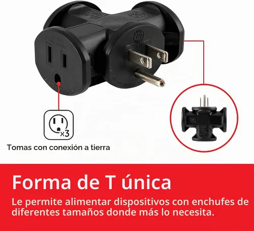 Vista 2 de GE Adaptador de Enchufe en Forma de T con Conexión a Tierra de 3 Salidas, Resistente, Negro, 50872