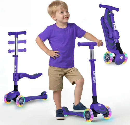 Vista 8 de SKIDEE Kick Scooter for Kids Ages 3-5 Foldable 3 Wheel Scooter with Lean-to-Steer, Adjustable Height, Removable Seat & LED Light Wheels Toddler