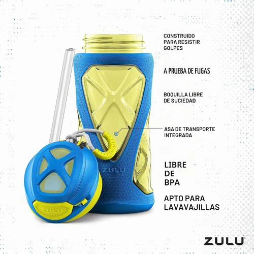 Vista 3 de Botella de agua para niños Zulu, acero inoxidable, con tapa y popote, 12 onzas Azul