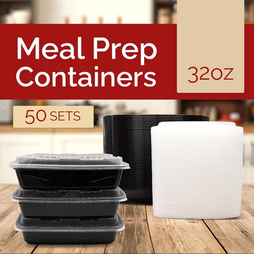 Vista 2 de Reli. Recipientes para preparación de comidas (paquete de 50, 32 onzas) 1 compartimento para alimentos con tapas Apto para microondas