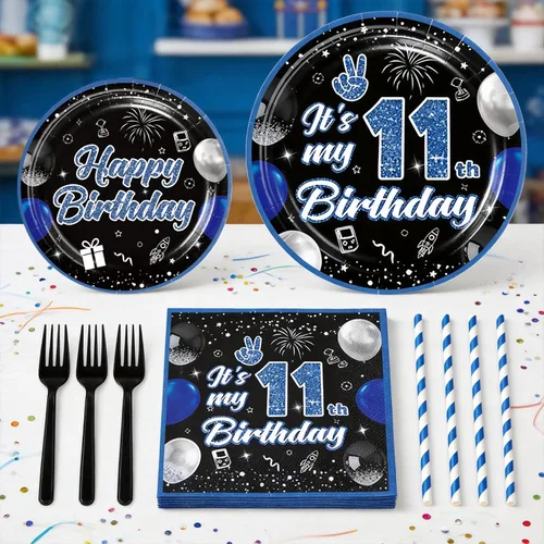 Vista 5 de Xynic 216 piezas de decoraciones de cumpleaños número 11 para niños, sirve a 25 personas, juego completo de vajilla de papel que incluye pancarta