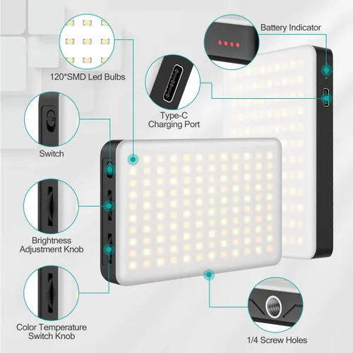 Vista 4 de VIJIM VL120 Luz LED para vídeo en la cámara, Mini lámpara de iluminación de fotografía recargable 120 LED de relleno 3200K-6500K Bi-Color regulable