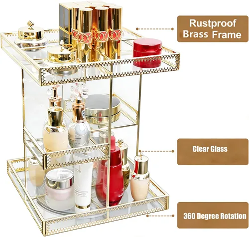 Vista 6 de Organizador de cosméticos de vidrio dorado de 3 niveles con rotación de 360 grados, bandeja de perfume giratoria de alta calidad, exhibición