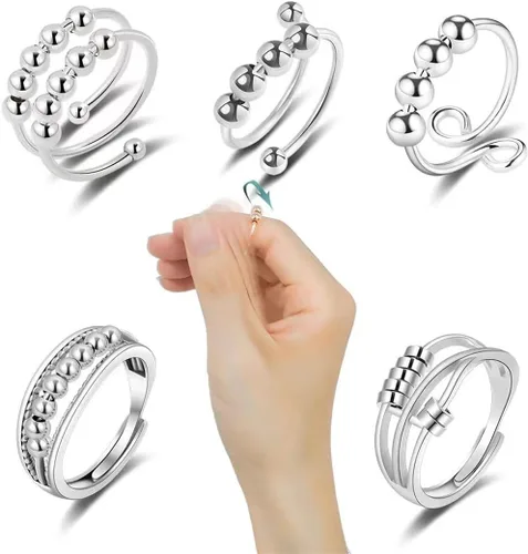 Vista 5 de JILIYUPA Juego de 9 anillos antiansiedad con cuentas para mujer, anillo plateado antiansiedad, anillos antiansiedad para hombres y mujeres, anillos
