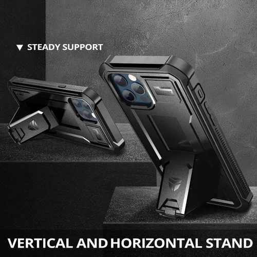 Vista 4 de Dexnor Funda para iPhone 12 y iPhone 12 Pro, [protector de pantalla y soporte integrados] Protección de grado militar resistente a prueba de golpes