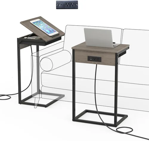 Vista 11 de sthmec Mesa auxiliar en forma de C con estación de carga, mesa auxiliar abatible ajustable de 45° con almacenamiento, mesa pequeña en C