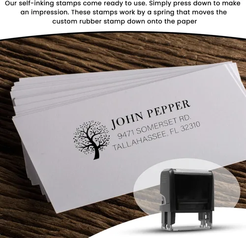 Vista 4 de Sellos de dirección personalizados autoentintados o mango de madera, más de 20 diseños para elegir. Sello de dirección de devolución Sello