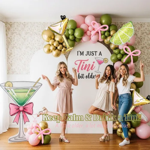 Vista 7 de Juego de guirnalda de globos de martini de limonada A Tini Bit para decoración de fiesta mayor, 130 globos rosa, verde y blanco, globo de vidrio