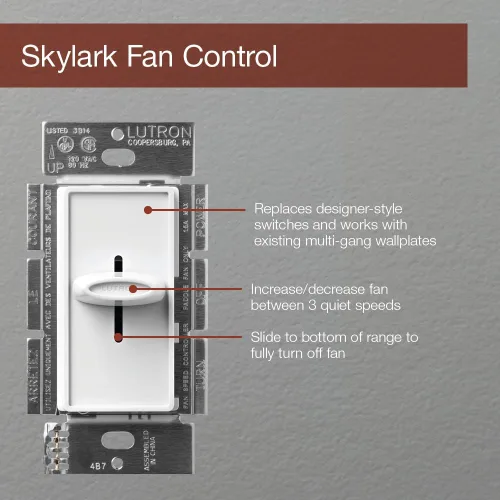 Vista 3 de Lutron Skylark - Control de ventilador de 1.5 amperios, un solo polo, 3 velocidades, color marfil