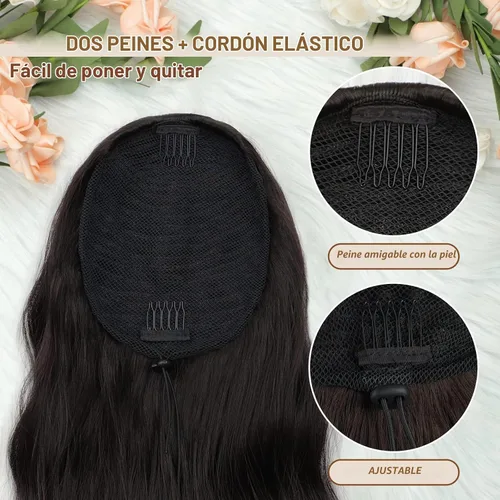 Vista 2 de FREEMEIGE Extensión de Cola de Caballo Negra con Cordón Extensión de Cola de Caballo Larga y Ondulada para Mujeres Extensión de Cabello de Cola de 1b