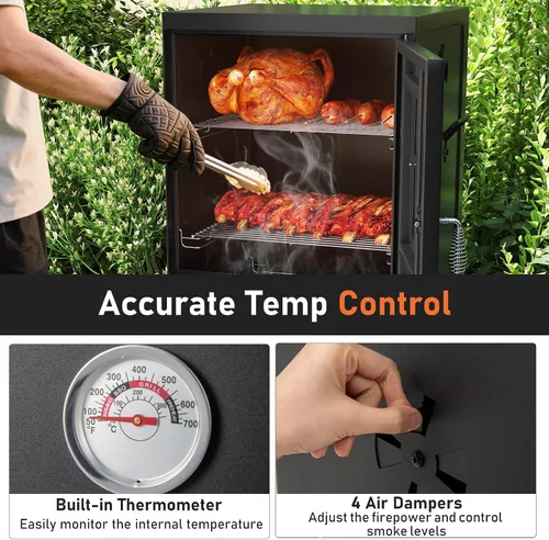 Vista 4 de Happygrill Parrillas de Carbón, Parrilla Ahumadora BBQ Vertical de 40" con Termómetro Integrado, Reguladores de Aire Ajustables, Bandeja de Agua