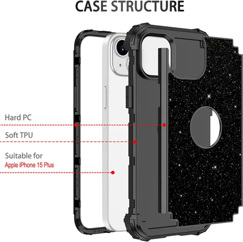 Vista 2 de LONTECT Funda para iPhone 15 Plus con purpurina brillante 3 en 1, a prueba de golpes, resistente, híbrida, resistente, funda protectora de alto