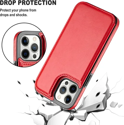 Vista 3 de Funda tipo cartera para iPhone 12 Pro Max, funda de piel sintética suave premium con función atril y función atril para iPhone 12 Pro Max de 6.7 Rojo
