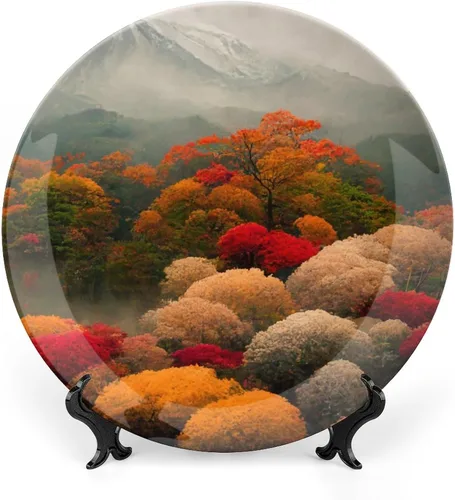 Vista 15 de Platos decorativos de pintura de paisaje de árboles de montaña otoñal, platos decorativos para decoración del hogar, platos de cena de temporada