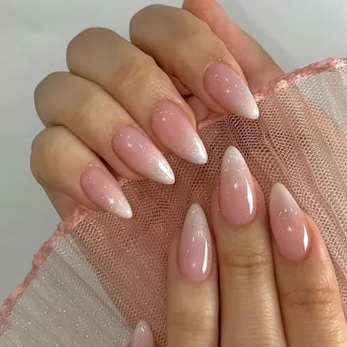 Vista 31 de Uñas postizas de presión con forma de almendra rosa de longitud media estilo stiletto, uñas artificiales de gel suave reutilizables acrílicas