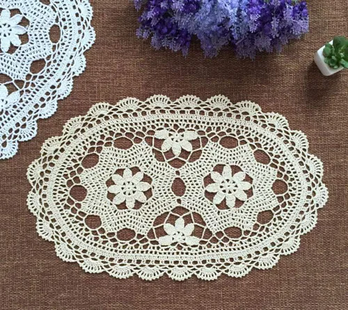 Vista 5 de Hetao Manteles individuales ovalados de ganchillo de 11 x 19 pulgadas, hechos a mano, 100% algodón, 2 unidades, beige