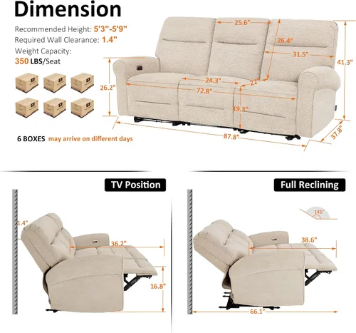 Vista 3 de MCombo Sofá reclinable eléctrico Hugger de pared de 87.8 pulgadas, sofá reclinable triple de 3 asientos con puertos USB, sofá reclinable con brazo