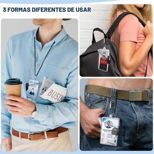 Vista 4 de Outus Paquete de 2 fundas impermeables para tarjetas de identificación, impermeables, transparentes, verticales, con mosquetón de cordón y llavero