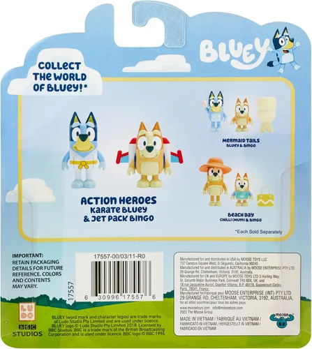 Vista 4 de Bluey Action Heroes - Juego de figuras de juguete de 2 unidades, figuras articuladas de personajes con figuras de karate y mochila propulsora