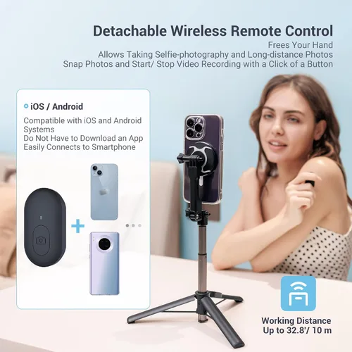 Vista 4 de Trípode magnético para selfie stick con control remoto, soporte magnético para iPhone 17 16 15 14 13 12 Pro Max Mini, trípode de teléfono
