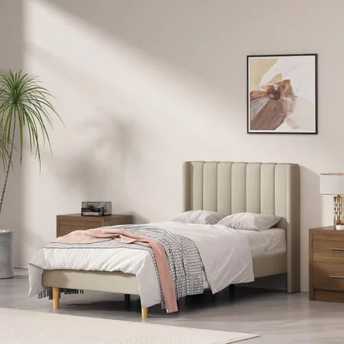 Vista 19 de Marco de cama tapizado de terciopelo individual con cabecera con respaldo de ala, color crema Cama de plataforma capitoné de canal vertical