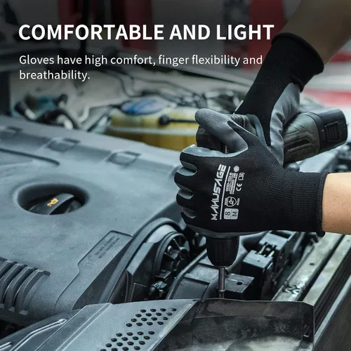 Vista 6 de MANUSAGE Guantes de trabajo de seguridad - Guante protector para hombres y mujeres - Protección de mano ultradelgada - Para construcción Negro