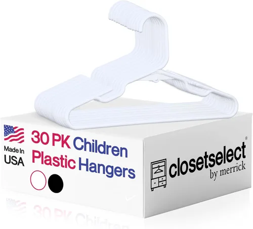 Vista 13 de Closetselect Paquete de 30 perchas de plástico para niños pequeños y preadolescentes de 13 pulgadas, ideales para niños de 4 a 10, perchas Negro