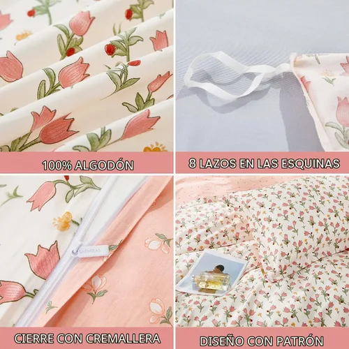 Vista 5 de SAPHREAS Juego de Funda de Edredón de Flores Rosas 2 piezas Algodón Estilo Jardín Campanilla Floral Ropa de Cama Juego de Funda de Edredón 100%