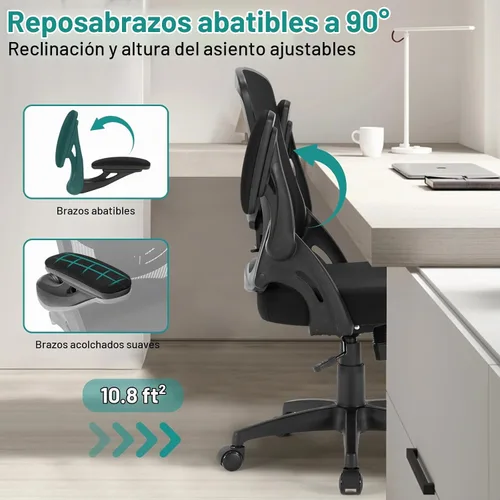 Vista 6 de Silla de oficina, silla de escritorio ergonómica con soporte lumbar ajustable, silla de computadora de malla transpirable con reposabrazos