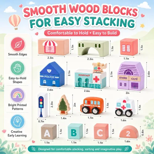 Vista 9 de Juego de bloques de construcción de madera, apilador de construcción de ciudad, juguetes educativos de aprendizaje preescolar, juguetes para niños