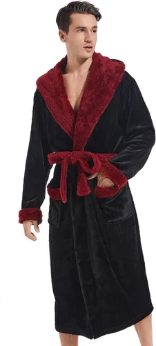 Vista 2 de Bata con capucha para hombre, bata de baño larga de felpa, acogedora y cálida, bata de spa con bolsillos