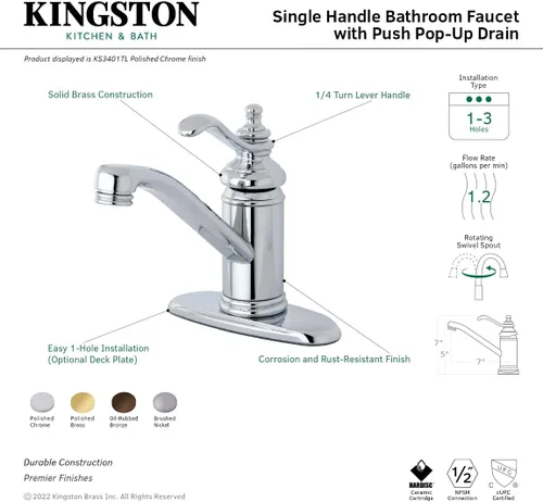 Vista 7 de Kingston Brass KS3408TL Templeton - Grifo de lavabo central de un solo mango de 4 pulgadas con drenaje pushup, níquel cepillado