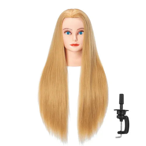 Vista 8 de 26-28" Cabeza de maniquí con cabello de fibra sintética Yaki para estilizar, cabeza de muñeca para entrenamiento de cosmetología, cabeza de maniquí