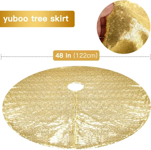 Vista 2 de Falda de lentejuelas para árbol de Navidad, 48 pulgadas, doble capa, para bodas y fiestas Dorado
