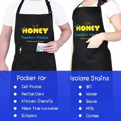 Vista 6 de Magimagine Delantal personalizado para mujeres y hombres – Delantal familiar personalizado con texto de dos bolsillos personalizado miel delantal