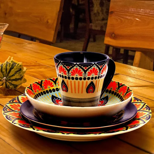 Vista 5 de Elama Zen Blue Mozaik - Juego de vajilla redonda multicolor con diseño de mandala, 16 piezas Azul