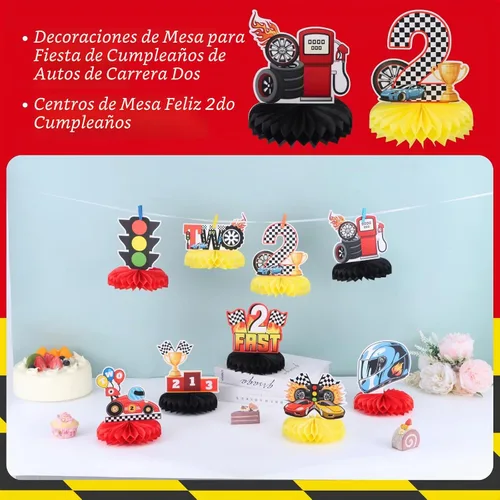 Vista 3 de Race Car - Dos centros de mesa rápidos para niños, decoración de fiesta de Negro Rojo Amarillo B