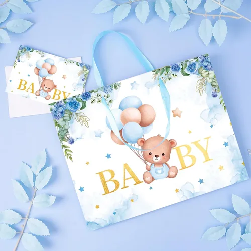 Vista 9 de Plauthus Bolsas de regalo grandes para bebé de 13 pulgadas con papel de seda y tarjeta de felicitación (oso de balón y floral), bolsas de regalo
