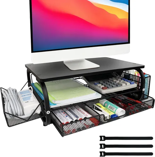Vista 10 de Organizador de escritorio y accesorios para monitor, soporte para monitor con cajón (cajones de 2 niveles) con estante de almacenamiento lateral
